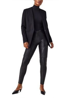 SPANX Women's Faux Leather Moto Leggings SZ Small Petite Black High Rise Shaping